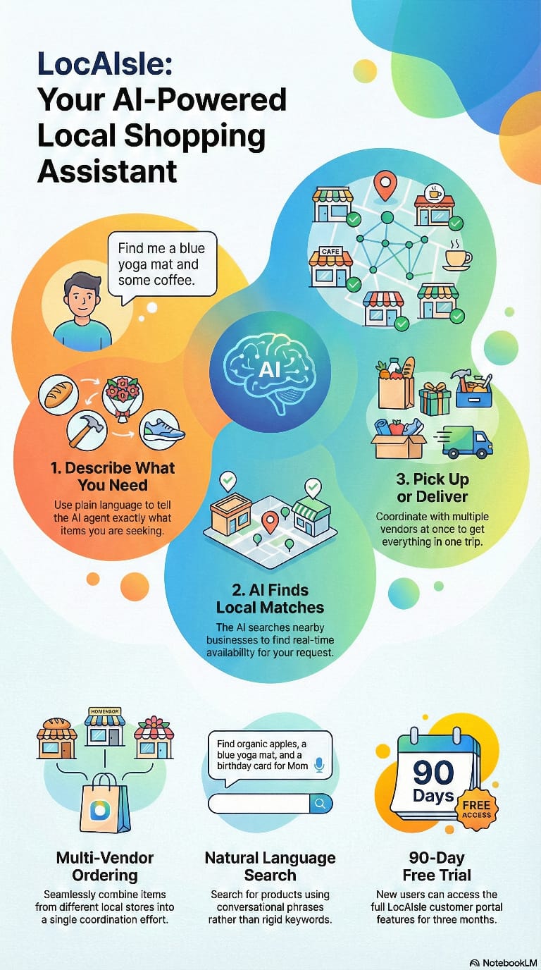 LocAisle: Your AI-Powered Local Shopping Assistant - Visual guide showing the process from search to purchase